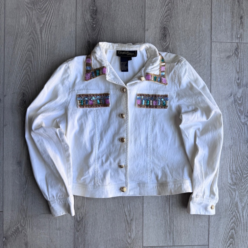 Christine Phillipe Vintage Y2K White Beaded Sequin Denim Jacket Size 10 Cropped